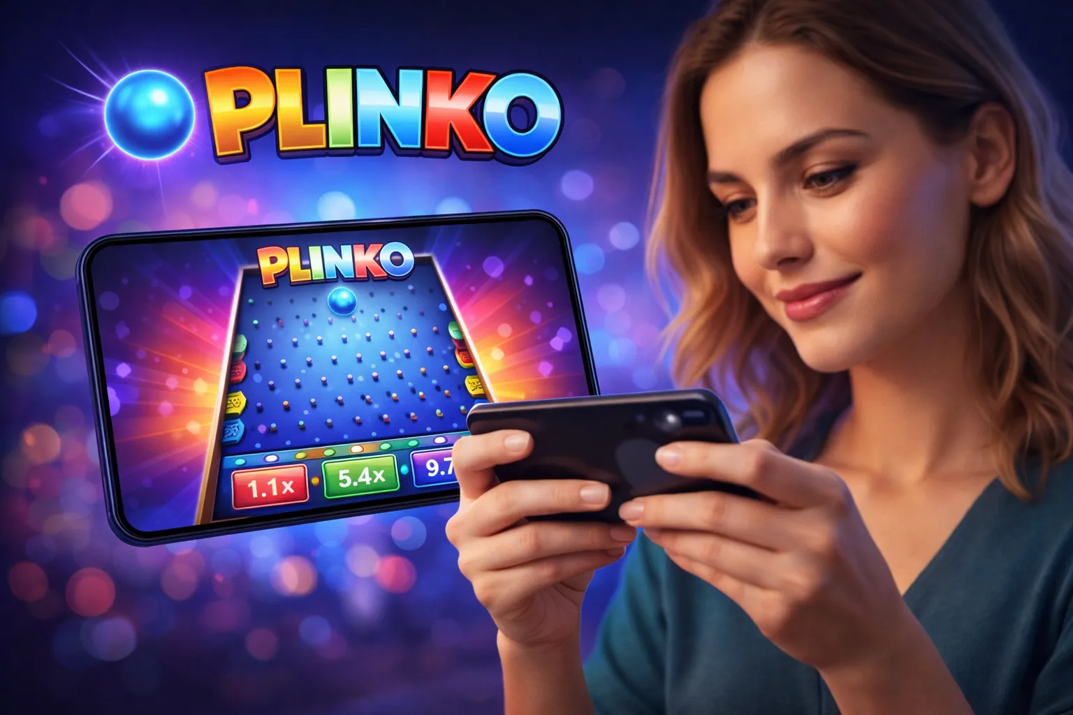 Woman playing Plinko game on smartphone, colorful Plinko board with multipliers on screen, casino mobile promo